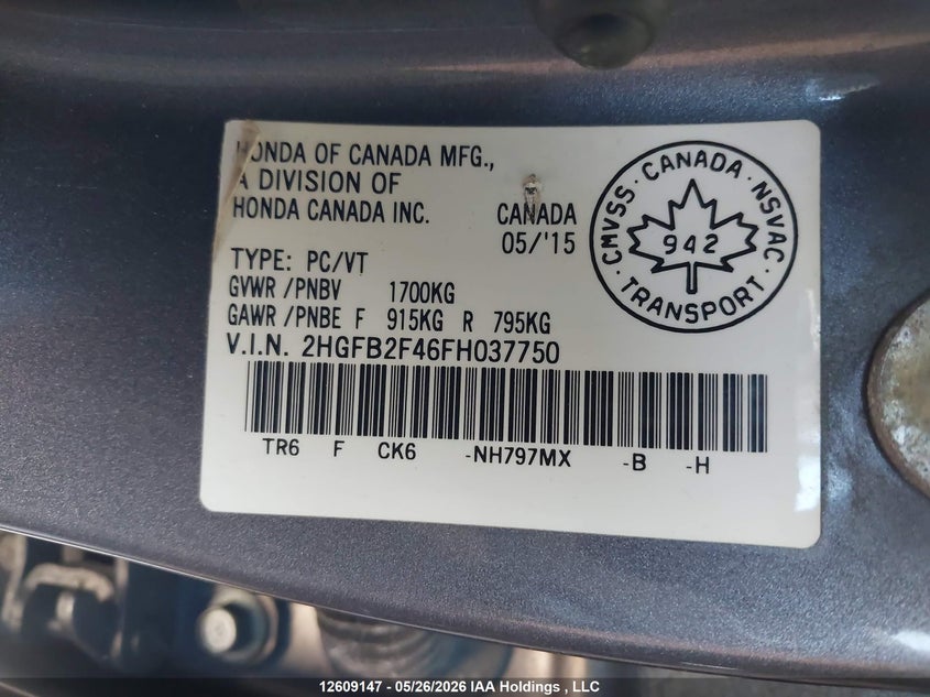 2015 HONDA CIVIC SEDAN 1.8L I-4 VVT, 143HP