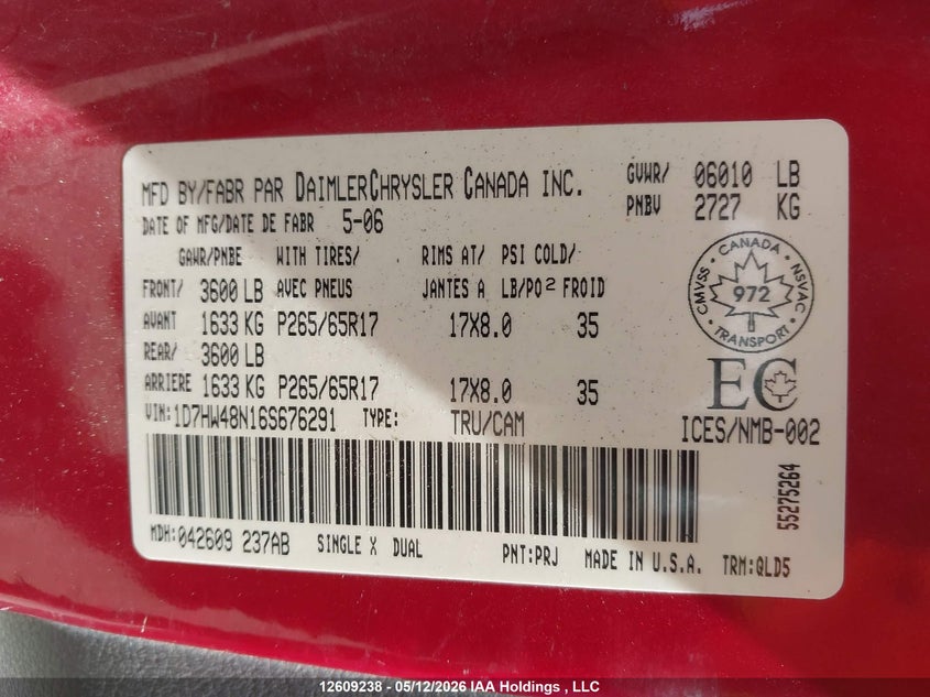 2006 Dodge Dakota Slt VIN: 1D7HW48N16S676291 Lot: 12609238