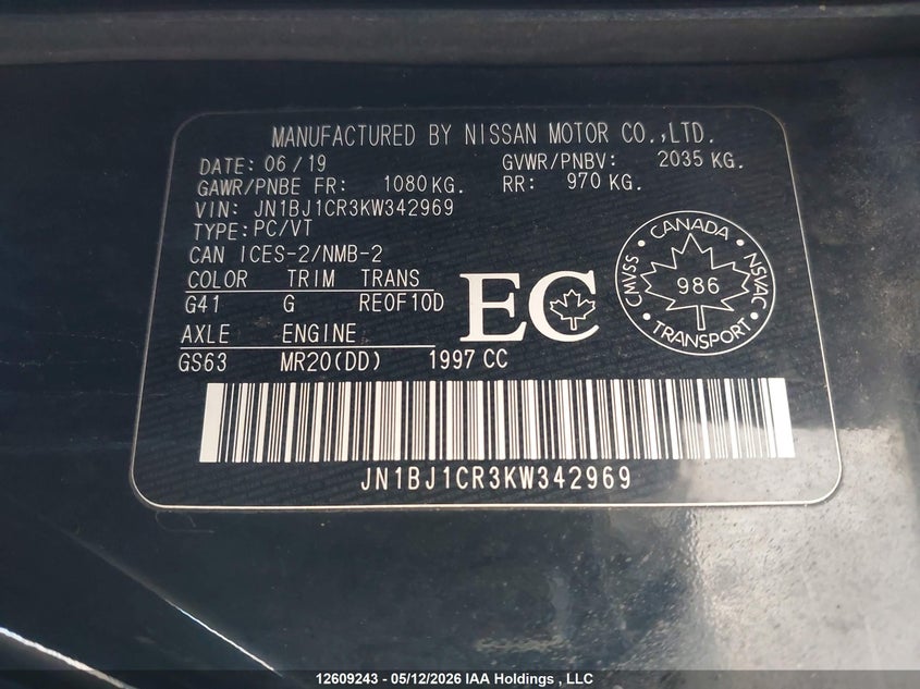 2019 Nissan Qashqai S/Sl/Sv VIN: JN1BJ1CR3KW342969 Lot: 12609243