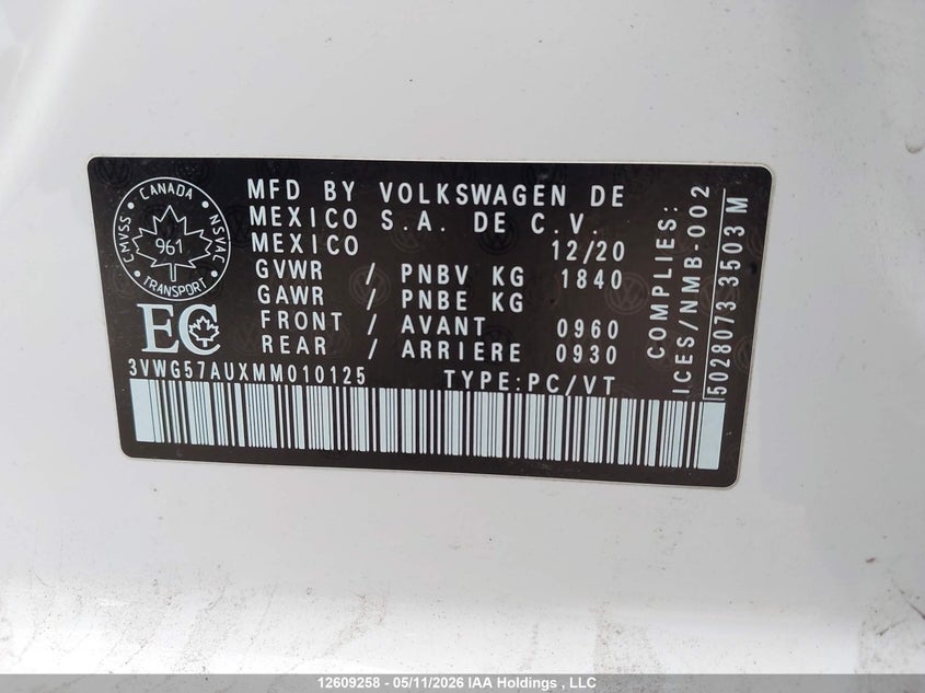 2021 Volkswagen Golf Comfortline/Highline VIN: 3VWG57AUXMM010125 Lot: 12609258