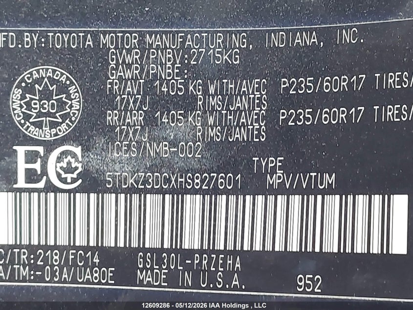 2017 Toyota Sienna Le 8 Passenger VIN: 5TDKZ3DCXHS827601 Lot: 12609286