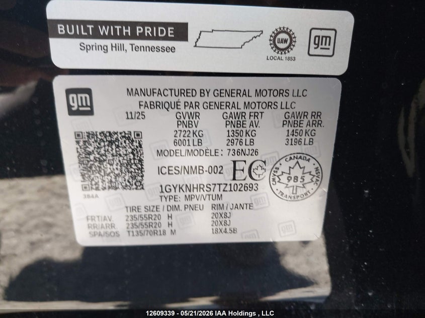 2026 Cadillac Xt5 VIN: 1GYKNHRS7TZ102693 Lot: 12609339