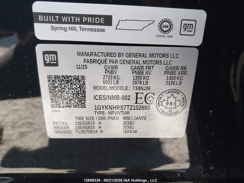 2026 Cadillac Xt5 VIN: 1GYKNHRS7TZ102693 Lot: 12609339