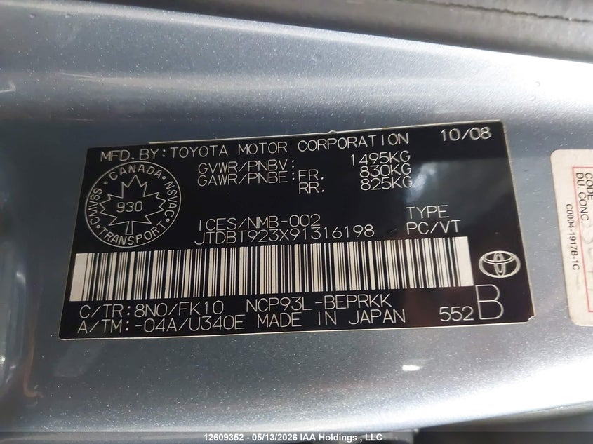2009 Toyota Yaris VIN: JTDBT923X91316198 Lot: 12609352