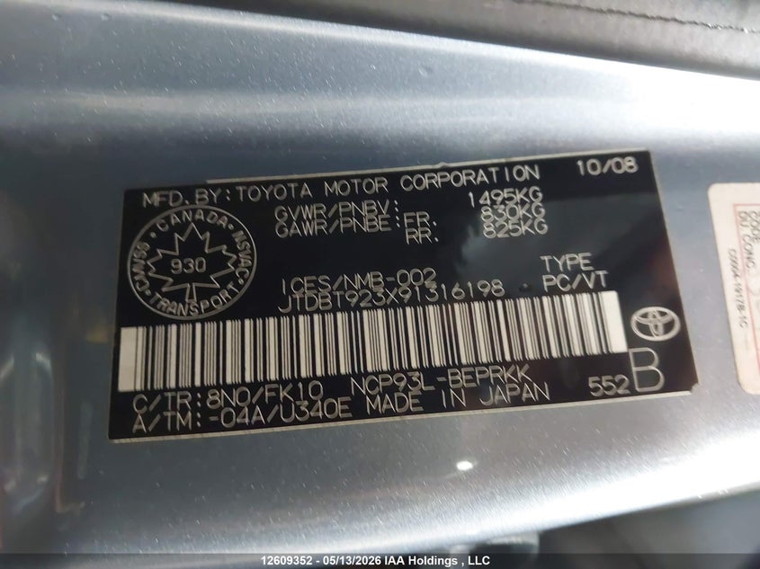 2009 Toyota Yaris VIN: JTDBT923X91316198 Lot: 12609352