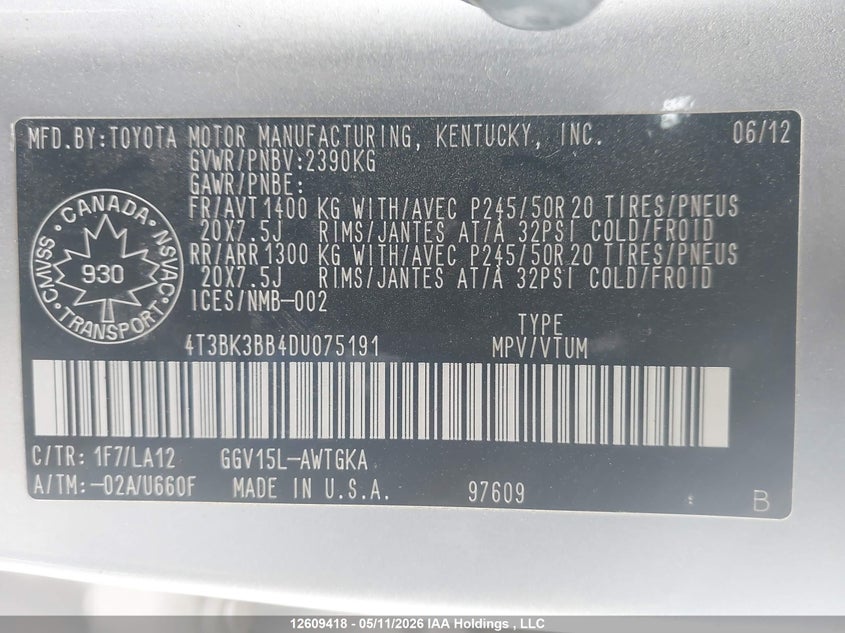 2013 Toyota Venza Base V6 VIN: 4T3BK3BB4DU075191 Lot: 12609418