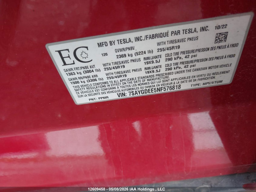2022 Tesla Model Y VIN: 7SAYGDEE5NF576818 Lot: 12609458