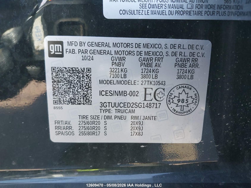 2025 Gmc SIERRA 5.3 K1500 Elevation Black Lot 111012609470 Vin 3GTUUCED2SG148717