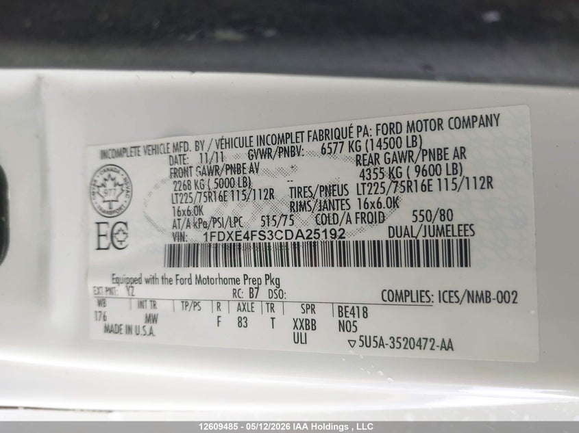 2012 Ford Econoline E450 Super Duty Cutwy Van VIN: 1FDXE4FS3CDA25192 Lot: 12609485