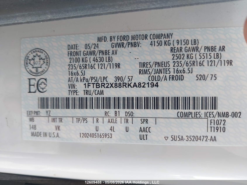2024 Ford Transit T-250 VIN: 1FTBR2X88RKA82194 Lot: 12609488