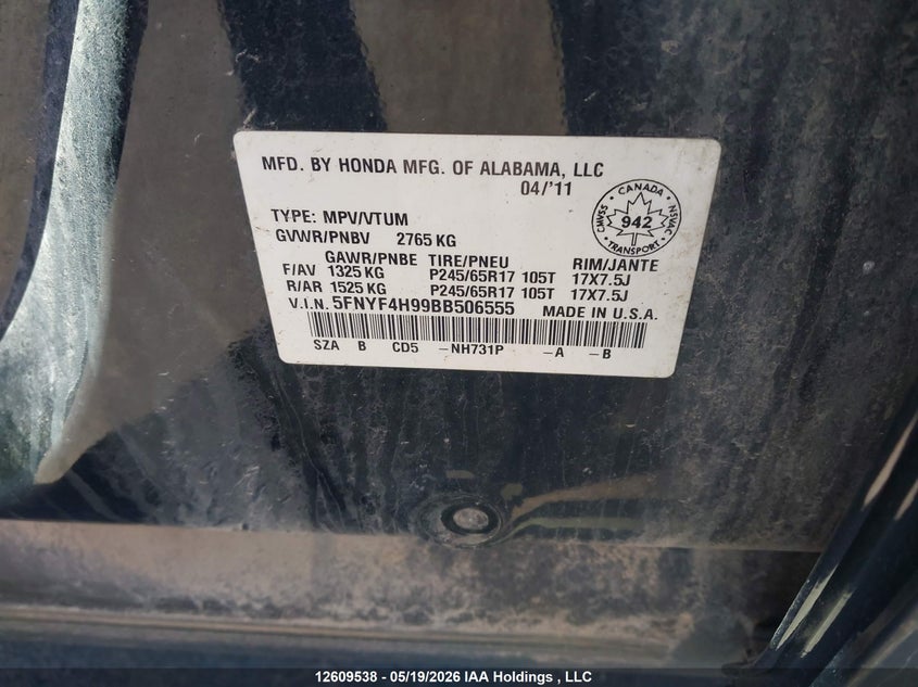 2011 Honda Pilot black Lot 111012609538 Vin 5FNYF4H99BB506555
