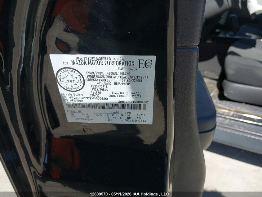 2009 Mazda Tribute Gx I4 VIN: 4F2CZ92789KM09690 Lot: 12609570