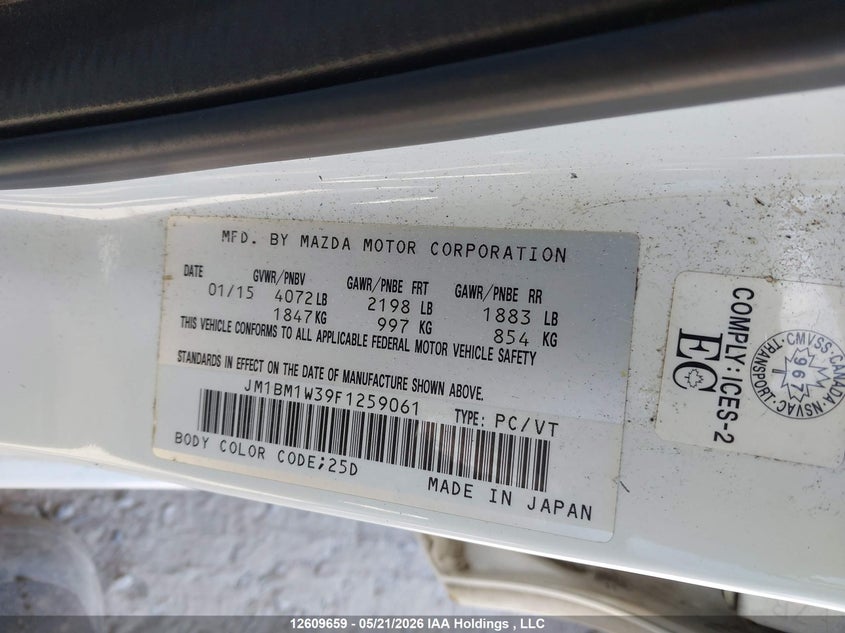 2015 Mazda Mazda3 VIN: JM1BM1W39F1259061 Lot: 12609659