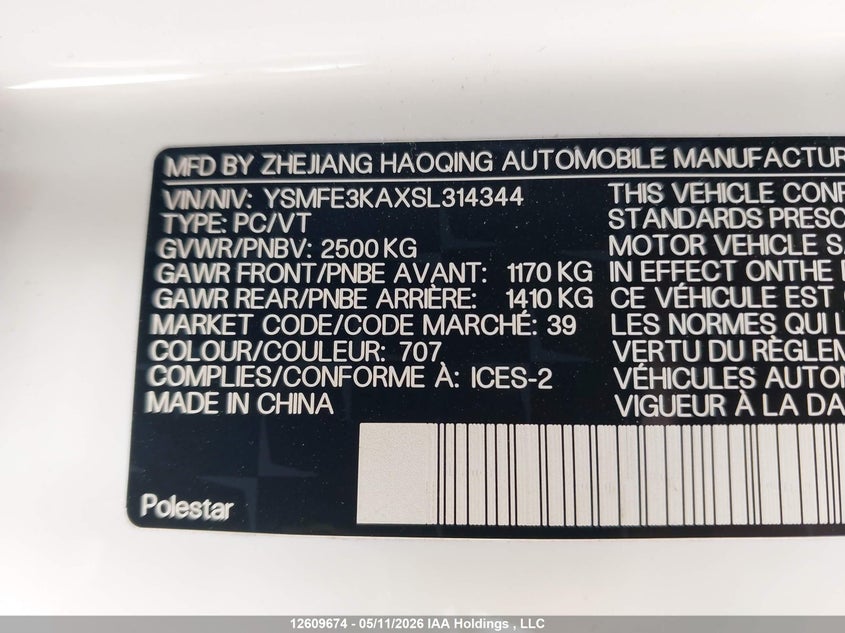 2025 Polestar 2 Long Range Single Motor VIN: YSMFE3KAXSL314344 Lot: 12609674