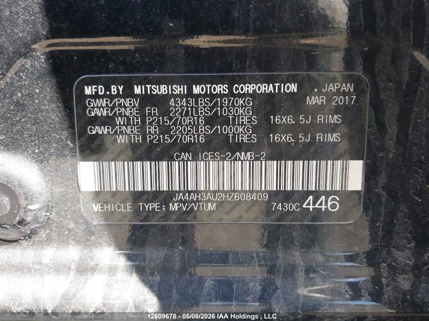 2017 Mitsubishi Rvr Se/Es VIN: JA4AH3AU2HZ608409 Lot: 12609678