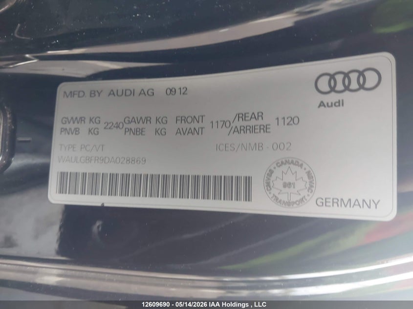 2013 Audi S5 3.0T Premium VIN: WAULGBFR9DA028869 Lot: 12609690