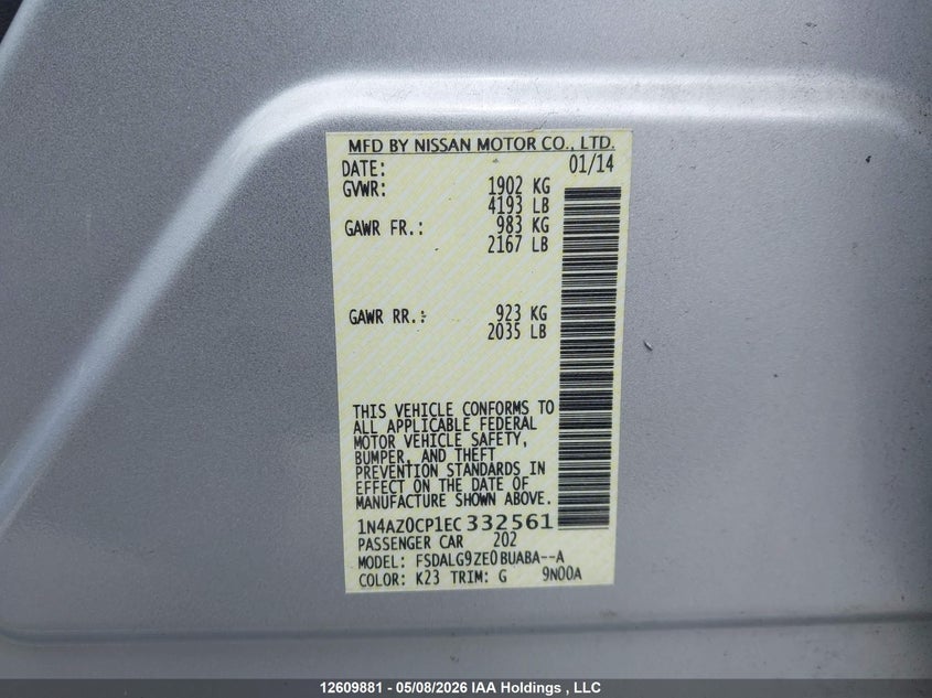2014 Nissan Leaf Sl VIN: 1N4AZ0CP1EC332561 Lot: 12609881