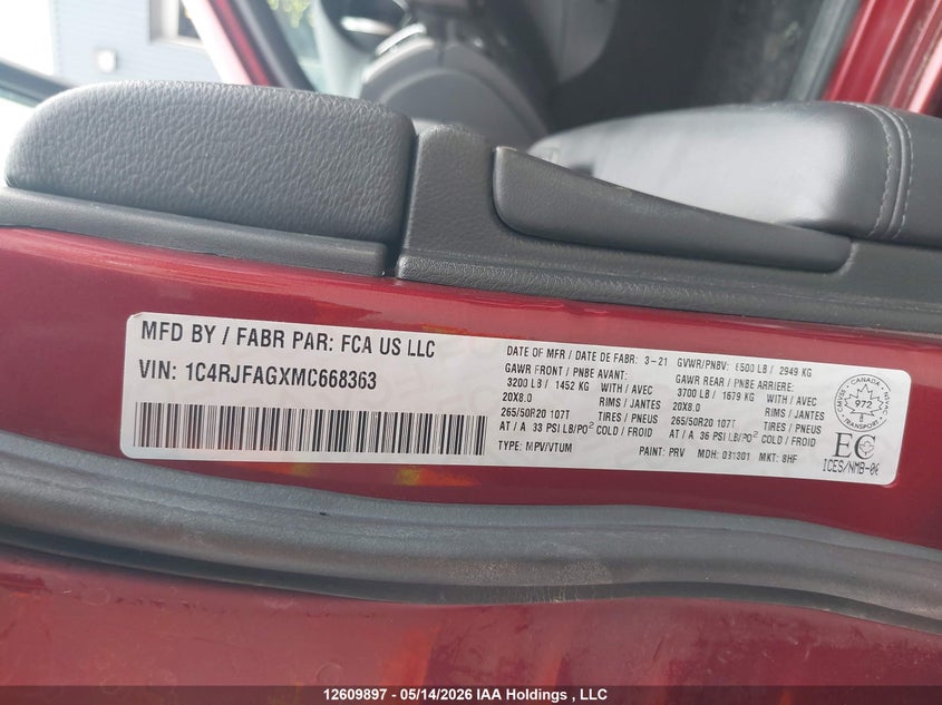 2021 Jeep Grand Cherokee Laredo VIN: 1C4RJFAGXMC668363 Lot: 12609897
