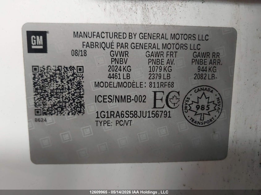 2018 Chevrolet Volt VIN: 1G1RA6S58JU156791 Lot: 12609965