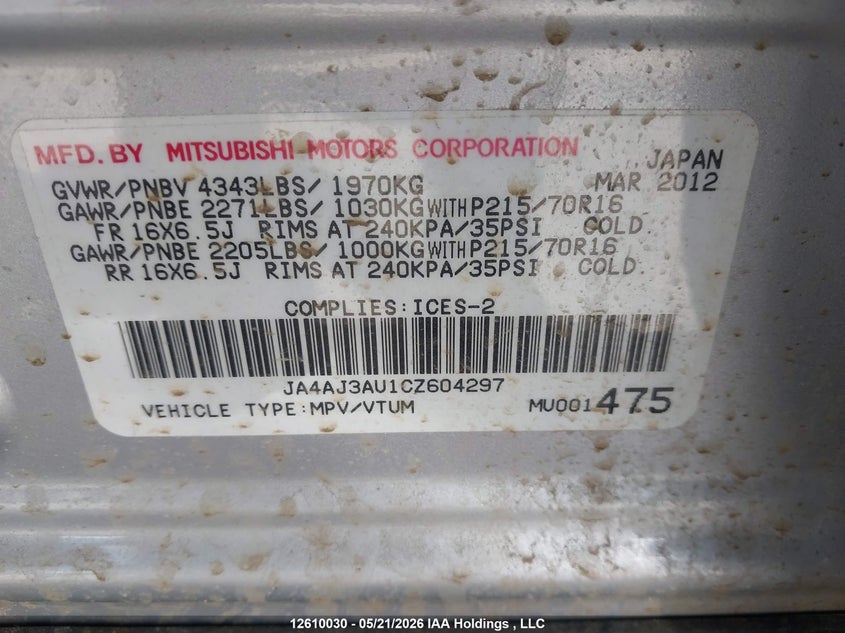 2012 Mitsubishi Rvr Se VIN: JA4AJ3AU1CZ604297 Lot: 12610030