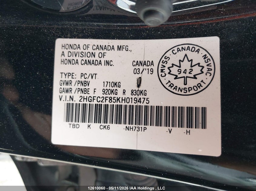 2019 Honda Civic Sport VIN: 2HGFC2F85KH019475 Lot: 12610060