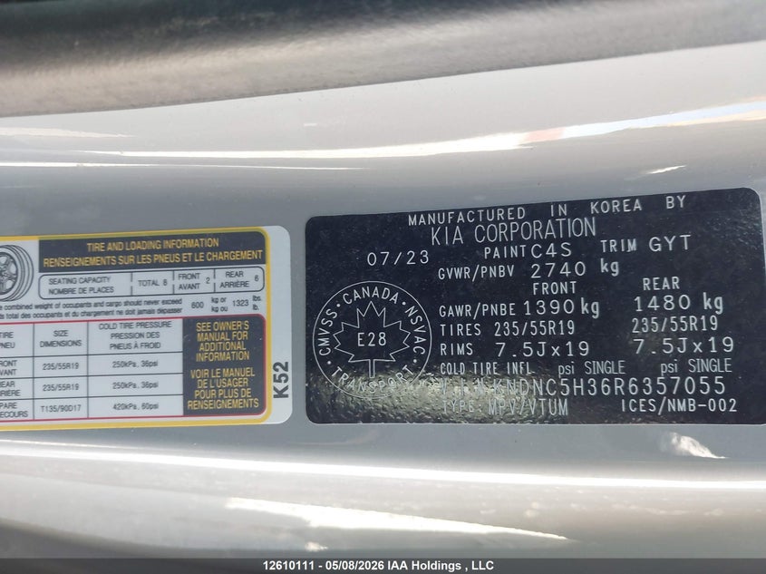 2024 Kia Carnival Ex VIN: KNDNC5H36R6357055 Lot: 12610111