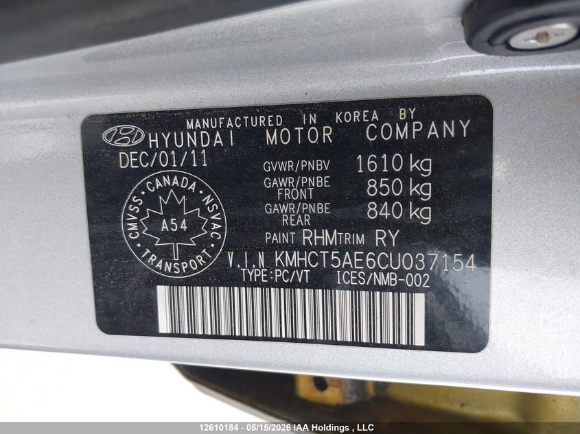 2012 Hyundai Accent Gls/Gs VIN: KMHCT5AE6CU037154 Lot: 12610184