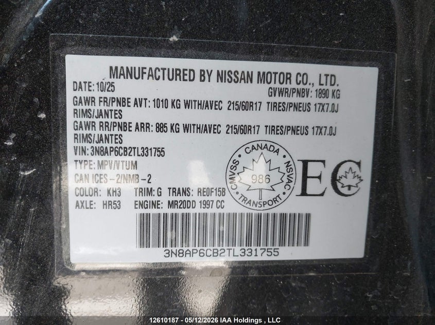 2026 Nissan Kicks Sv VIN: 3N8AP6CB2TL331755 Lot: 12610187