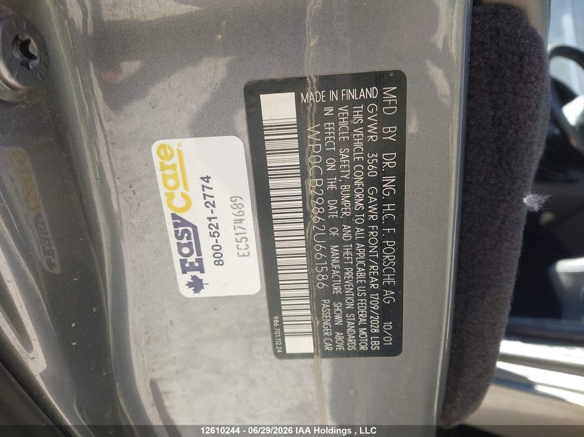 2002 Porsche Boxster S VIN: WP0CB29862U661586 Lot: 12610244