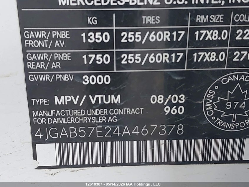 2004 Mercedes-Benz Ml 350 VIN: 4JGAB57E24A467378 Lot: 12610307