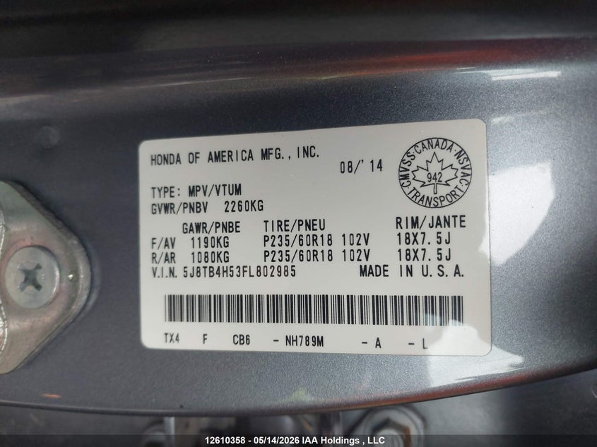 2015 Acura Rdx Tech Package VIN: 5J8TB4H53FL802985 Lot: 12610358