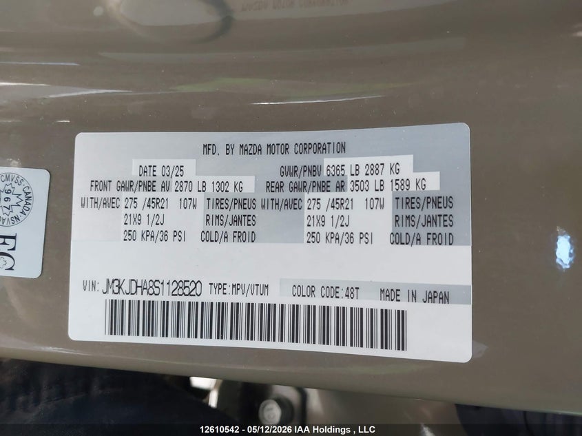 2025 Mazda Cx-70 Plug-In Hybrid Gt VIN: JM3KJDHA8S1128520 Lot: 12610542