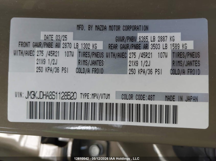 2025 Mazda Cx-70 Plug-In Hybrid Gt VIN: JM3KJDHA8S1128520 Lot: 12610542