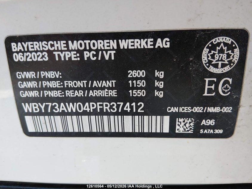 2023 BMW I4 VIN: WBY73AW04PFR37412 Lot: 12610564