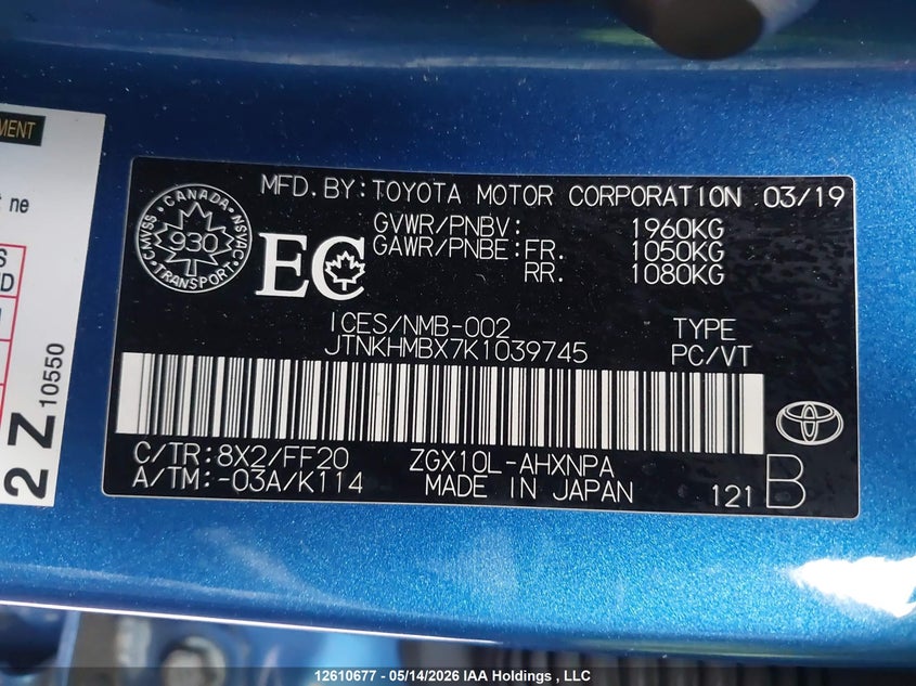 2019 Toyota C-Hr Xle/Le/Limited VIN: JTNKHMBX7K1039745 Lot: 12610677
