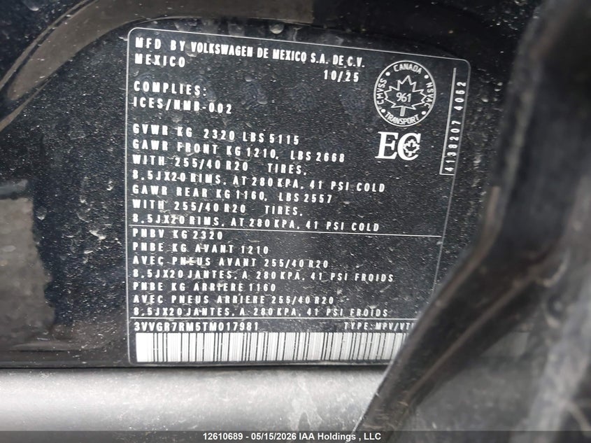 2026 Volkswagen Tiguan Se R-Line Black VIN: 3VVGR7RM5TM017981 Lot: 12610689