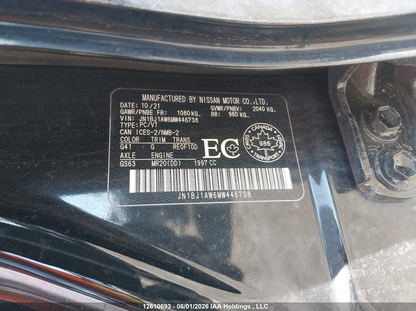 2021 Nissan Qashqai S VIN: JN1BJ1AW6MW446738 Lot: 12610693
