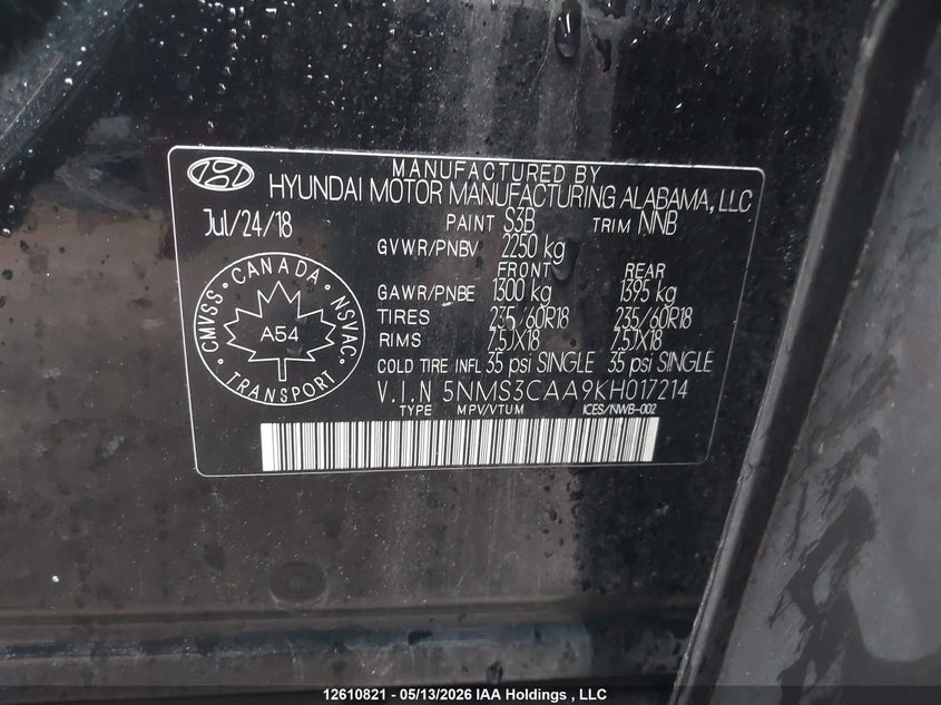 2019 Hyundai Santa Fe Sel/Sel Plus VIN: 5NMS3CAA9KH017214 Lot: 12610821