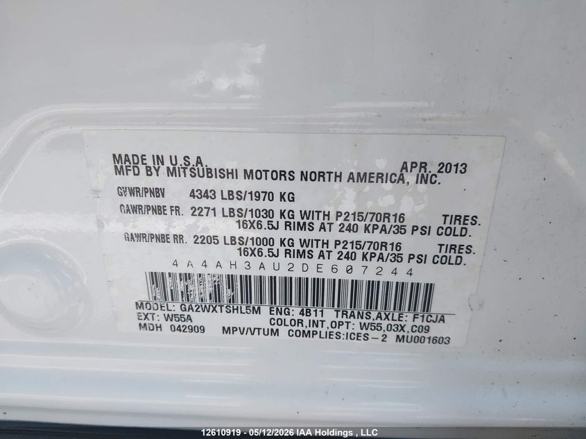 2013 Mitsubishi Rvr Es/Se VIN: 4A4AH3AU2DE607244 Lot: 12610919