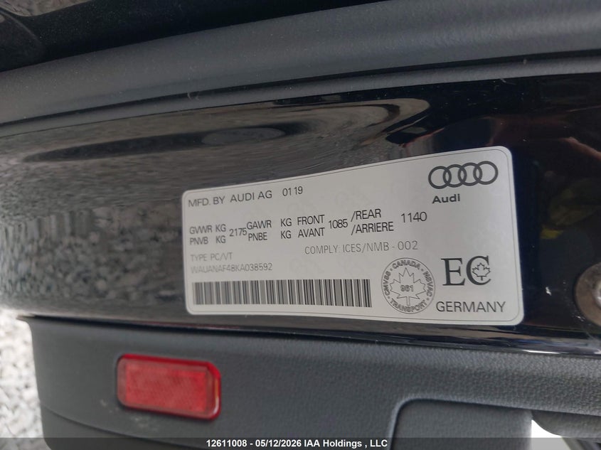 2019 Audi A4 VIN: WAUANAF48KA038592 Lot: 12611008