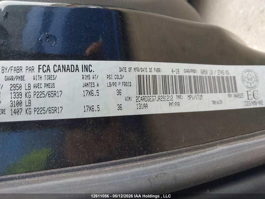 2018 Dodge Grand Caravan Gt VIN: 2C4RDGEG7JR291212 Lot: 12611056