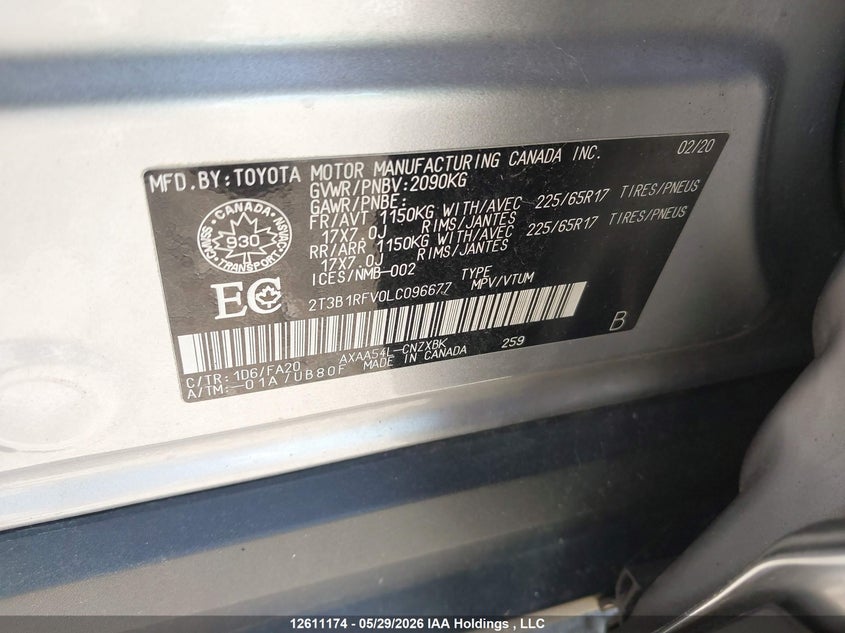 2020 Toyota Rav4 VIN: 2T3B1RFV0LC096677 Lot: 12611174