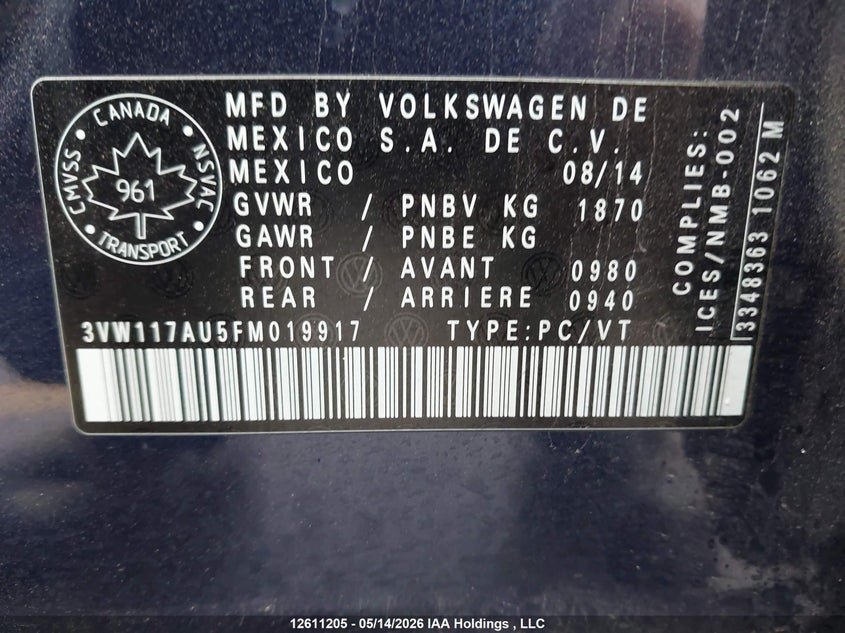 2015 Volkswagen Golf VIN: 3VW117AU5FM019917 Lot: 12611205