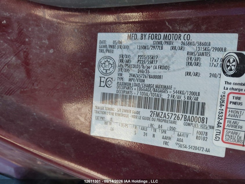 2007 FORD FREESTAR VAN 4.2L V6 FI F