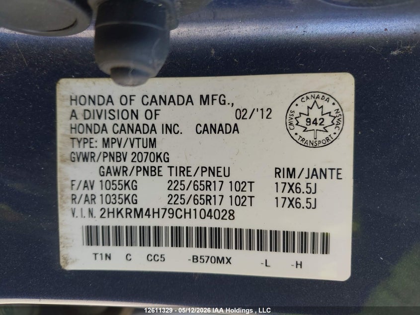 2012 Honda Cr-v 2.4 Cr-V Ex-L blue Lot 111012611329 Vin 2HKRM4H79CH104028