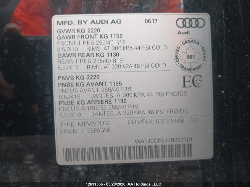 2018 Audi Q3 2.0T Progressiv VIN: WA1JCCFS1JR007701 Lot: 12611556
