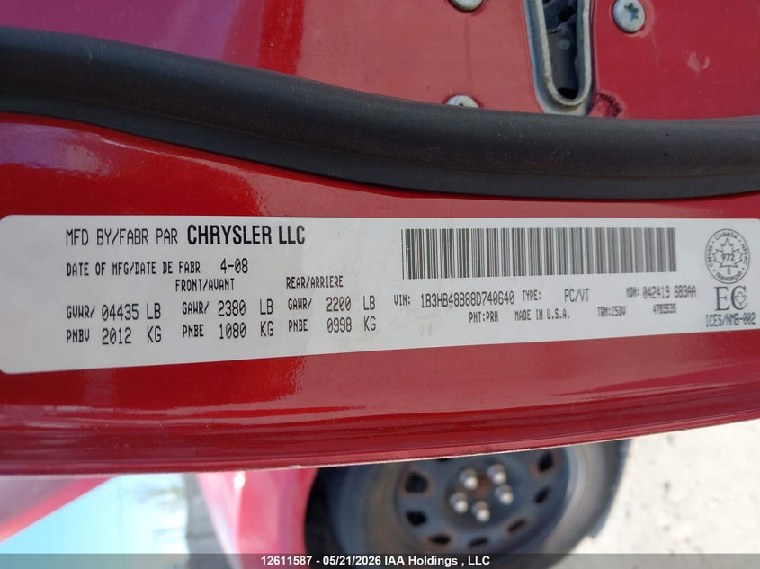 2008 Dodge Caliber Sxt VIN: 1B3HB48B88D740640 Lot: 12611587