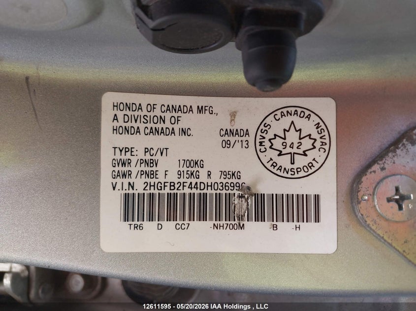 2013 Honda Civic Lx VIN: 2HGFB2F44DH036996 Lot: 12611595