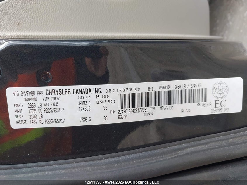 2012 Chrysler Town & Country Limited VIN: 2C4RC1GG4CR127951 Lot: 12611598