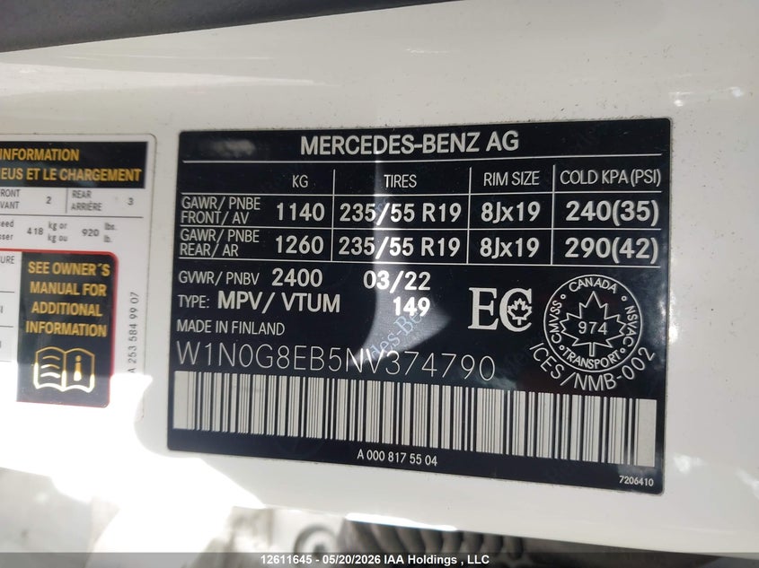 2022 Mercedes-Benz Glc 300 4Matic VIN: W1N0G8EB5NV374790 Lot: 12611645